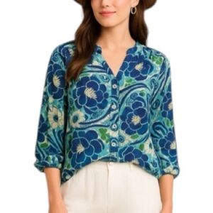 Nicole Miller Blouse L Crinkle‎ Rayon Boho Floral Peasant Blue Green Gauzy